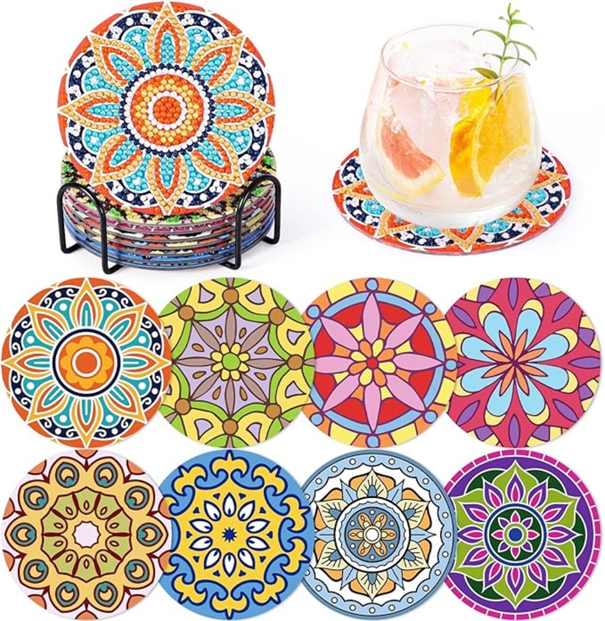 Mandala Diamond Art Coasters, GOH DODD Set of 8 Diamond Painting Kit Art Accessories, DIY Craft Supplies with Holder and Cork Pads for Adults, Decor, Gifts